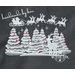 Gray with a winter scene of six snow-covered Christmas trees, with pink ornaments. Above trees is Santa and his sleigh, pulled by 8 reindeer